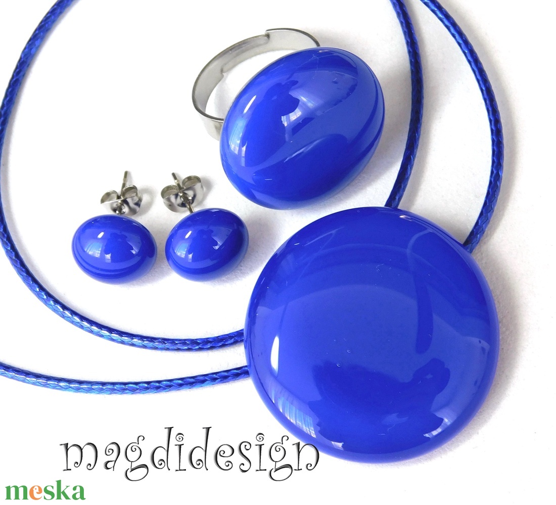 Királykék üvegékszer szett, nyaklánc, gyűrű, pötty fülbevaló - ékszer - ékszerszett - Meska.hu