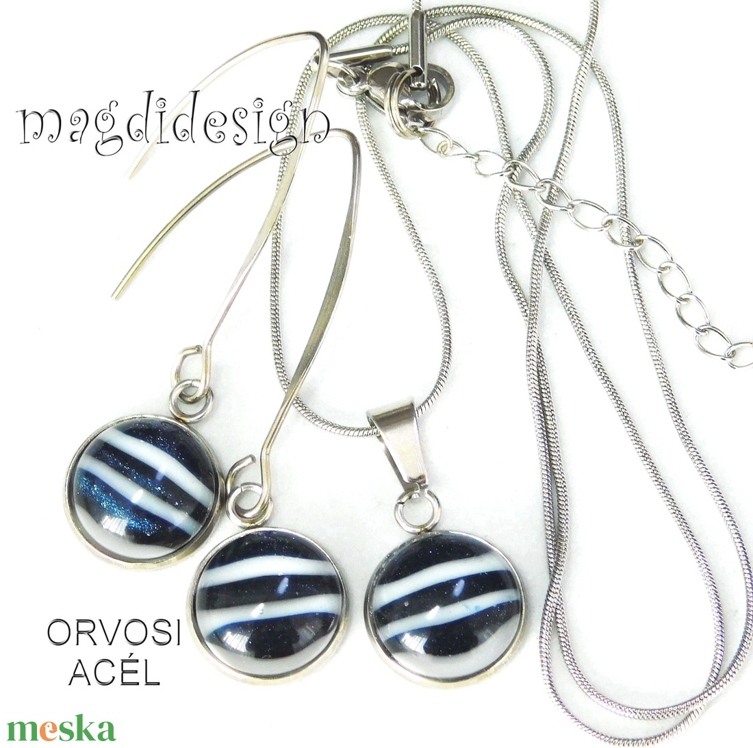 Tengerész csíkos üvegékszer szett, nyaklánc, lógós fülbevaló - ékszer - ékszerszett - Meska.hu