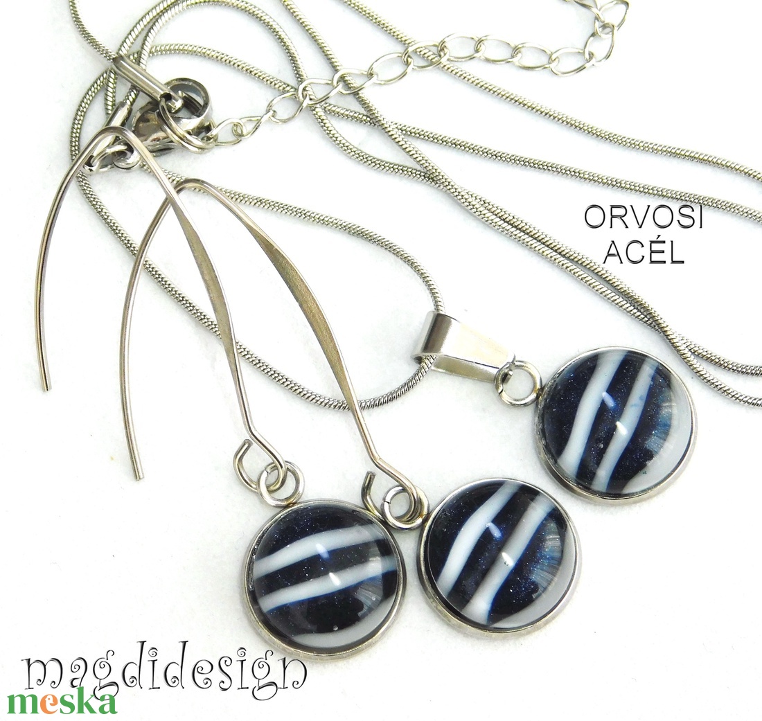 Tengerész csíkos üvegékszer szett, nyaklánc, lógós fülbevaló - ékszer - ékszerszett - Meska.hu