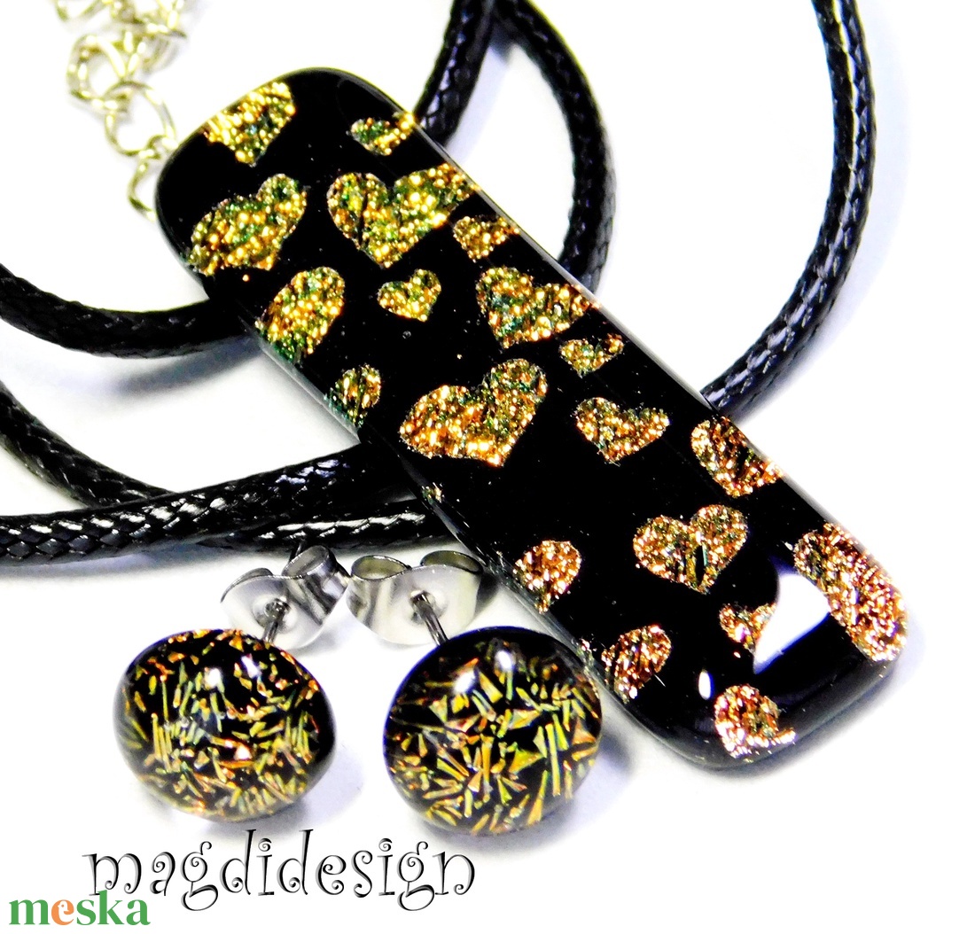 Arany-lazac szívecskés üvegékszer szett nyaklánc, fülbevaló - Anyák napjára, születésnapra, névnapra - ékszer - ékszerszett - Meska.hu