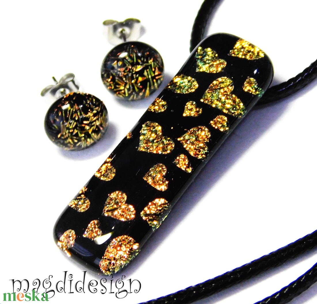 Arany-lazac szívecskés üvegékszer szett nyaklánc, fülbevaló - Anyák napjára, születésnapra, névnapra - ékszer - ékszerszett - Meska.hu