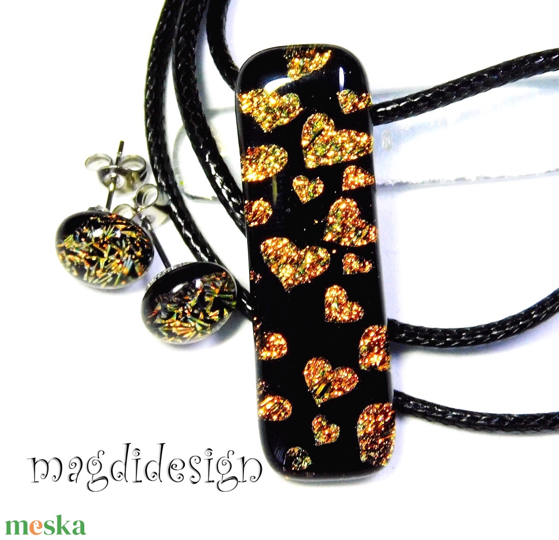 Arany-lazac szívecskés üvegékszer szett nyaklánc, fülbevaló - Anyák napjára, születésnapra, névnapra - ékszer - ékszerszett - Meska.hu