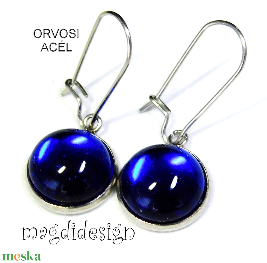 Királykék üvegékszer lógós nemesacél fülbevaló - ékszer - fülbevaló - lógó fülbevaló - Meska.hu