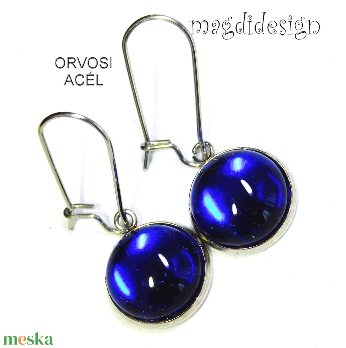 Királykék üvegékszer lógós nemesacél fülbevaló - ékszer - fülbevaló - lógó fülbevaló - Meska.hu