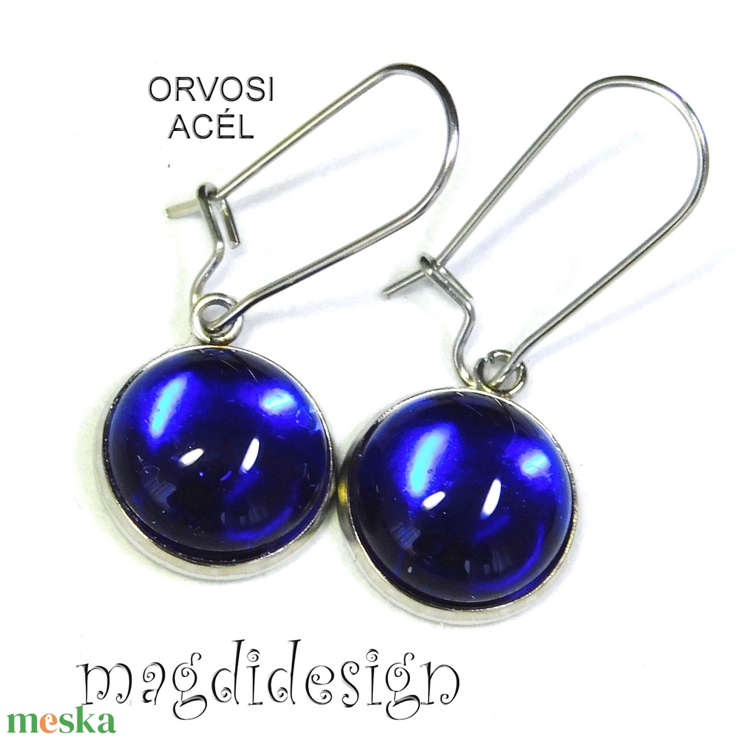 Királykék üvegékszer lógós nemesacél fülbevaló - ékszer - fülbevaló - lógó fülbevaló - Meska.hu