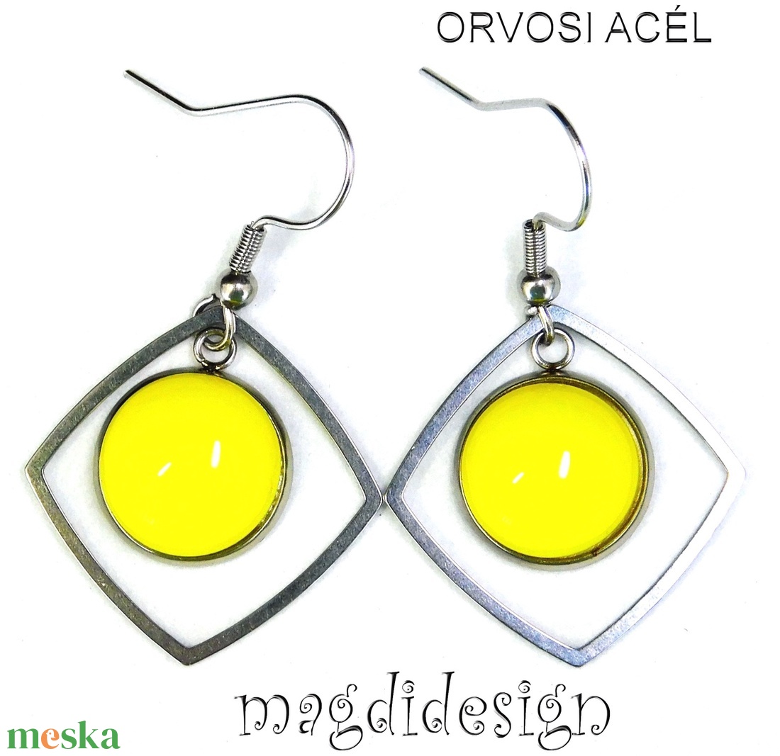 Citromsárga üvegékszer lógós nemesacél fülbevaló - ékszer - fülbevaló - lógó fülbevaló - Meska.hu