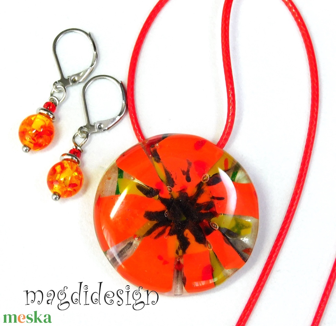 Óriás pipacs üvegékszer szett nyaklánc, kapcsos fülbevaló - ékszer - ékszerszett - Meska.hu