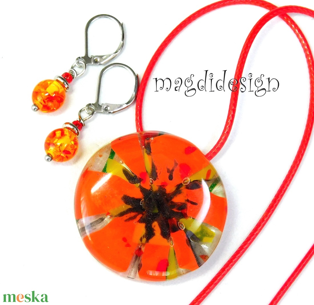 Óriás pipacs üvegékszer szett nyaklánc, kapcsos fülbevaló - ékszer - ékszerszett - Meska.hu