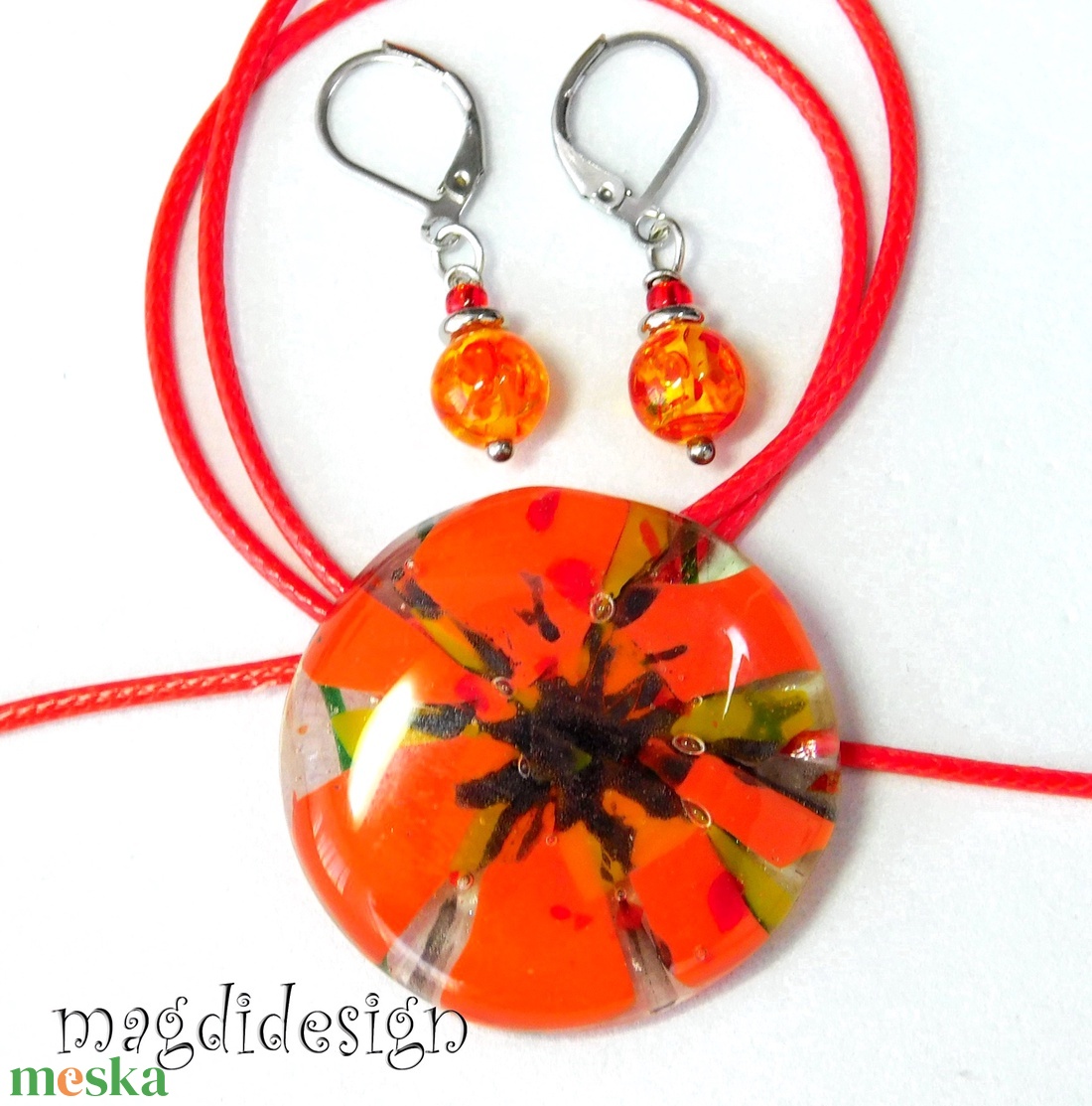 Óriás pipacs üvegékszer szett nyaklánc, kapcsos fülbevaló - ékszer - ékszerszett - Meska.hu