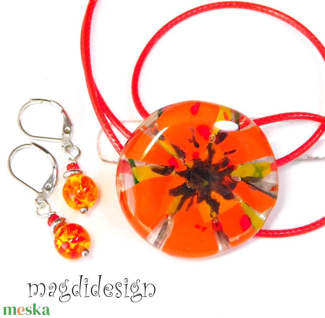 Óriás pipacs üvegékszer szett nyaklánc, kapcsos fülbevaló - ékszer - ékszerszett - Meska.hu