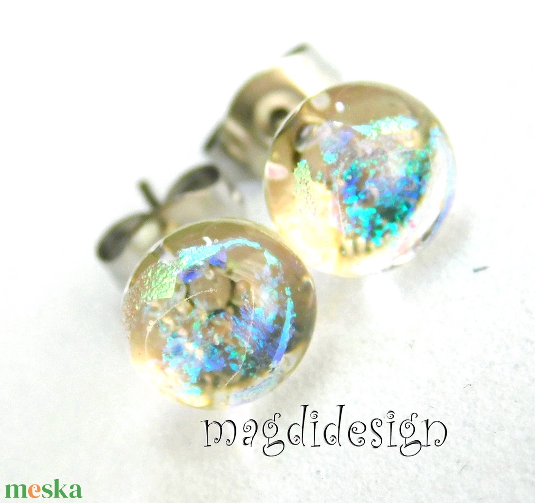 NEMESACÉL! Áttetsző kék-pezsgő üvegékszer pötty fülbevaló  - ékszer - fülbevaló - pötty fülbevaló - Meska.hu