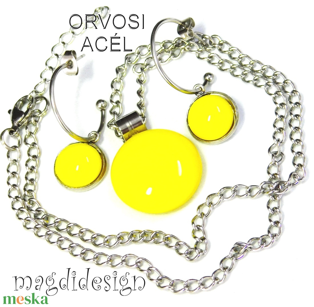 Citromsárga minimál design üvegékszer szett, nyaklánc, lógós fülbevaló 2 - ékszer - ékszerszett - Meska.hu