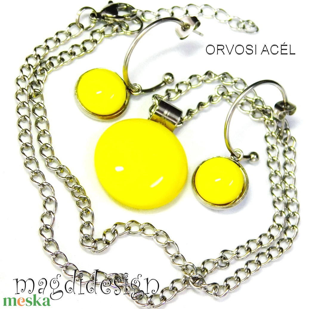 Citromsárga minimál design üvegékszer szett, nyaklánc, lógós fülbevaló 2 - ékszer - ékszerszett - Meska.hu