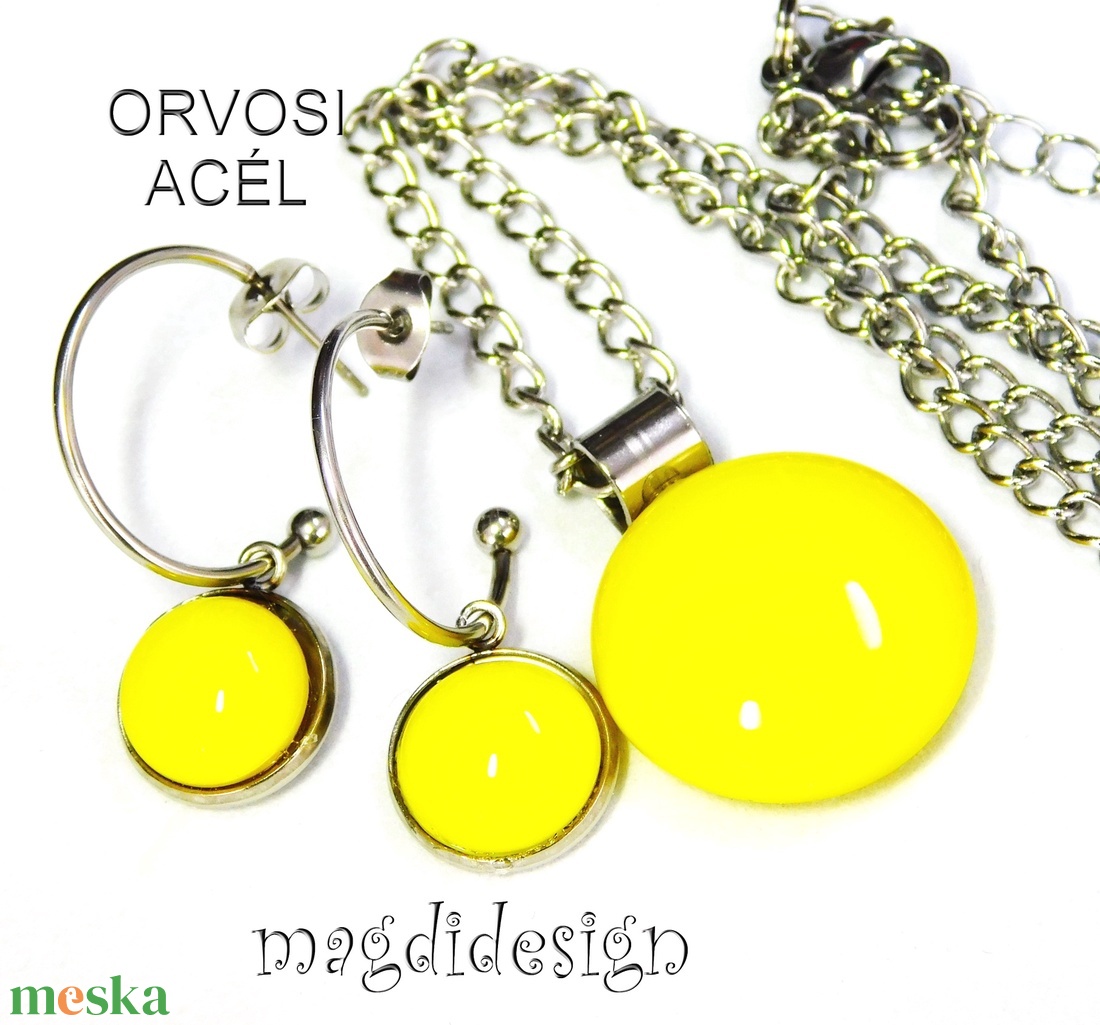 Citromsárga minimál design üvegékszer szett, nyaklánc, lógós fülbevaló 2 - ékszer - ékszerszett - Meska.hu