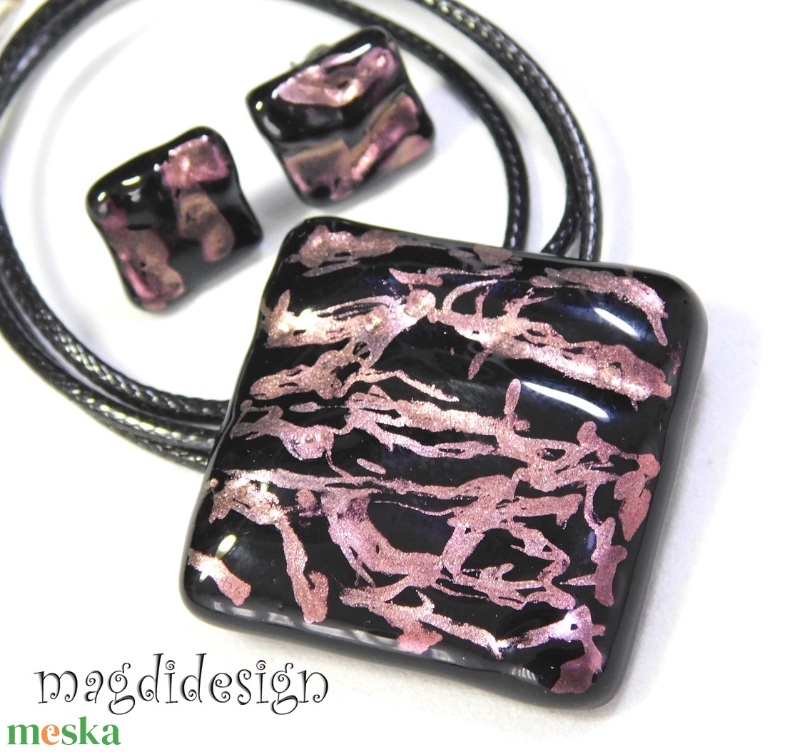 Rózsaszín fekete galaxis üvegékszer szett, nyaklánc, stiftes fülbevaló - ékszer - ékszerszett - Meska.hu