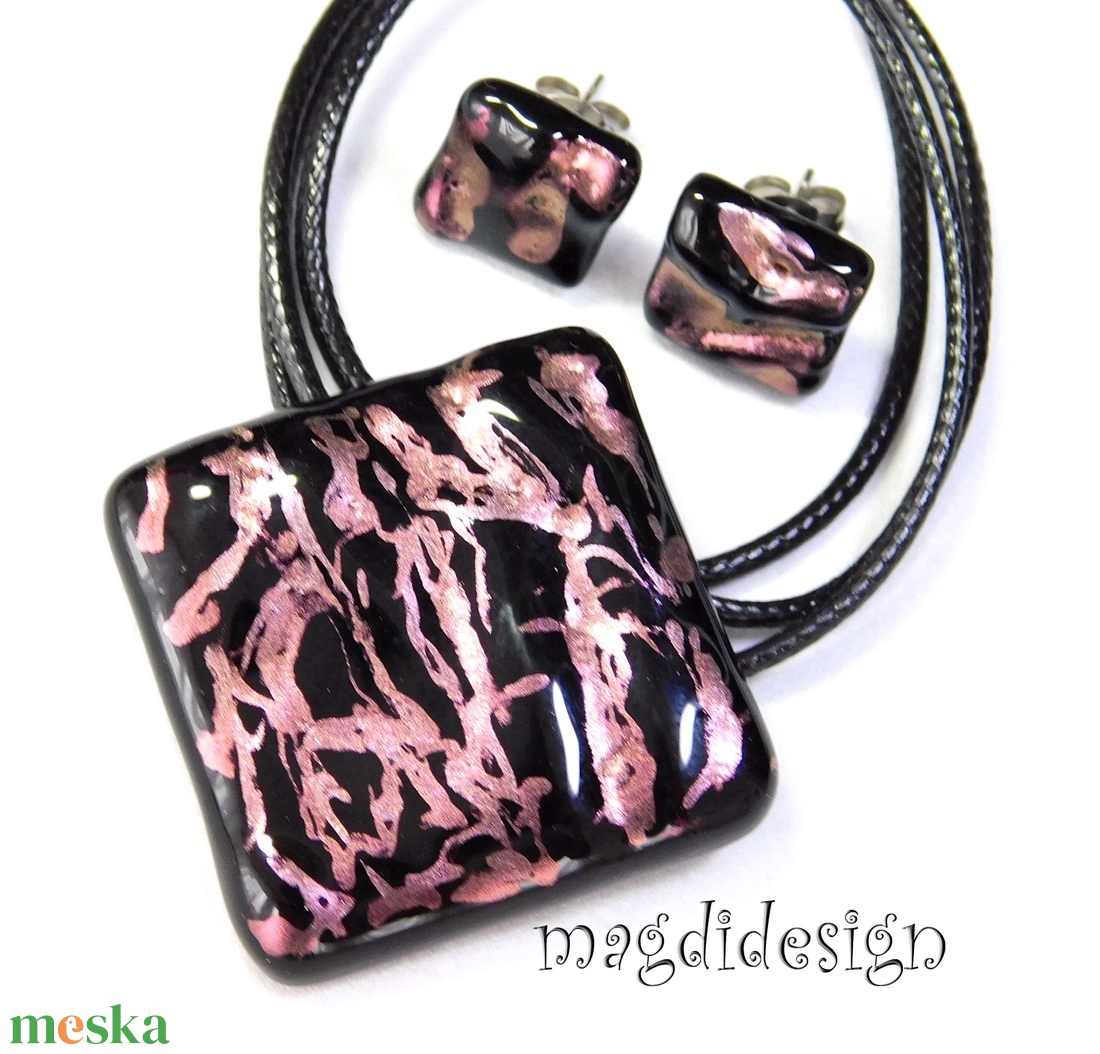 Rózsaszín fekete galaxis üvegékszer szett, nyaklánc, stiftes fülbevaló - ékszer - ékszerszett - Meska.hu