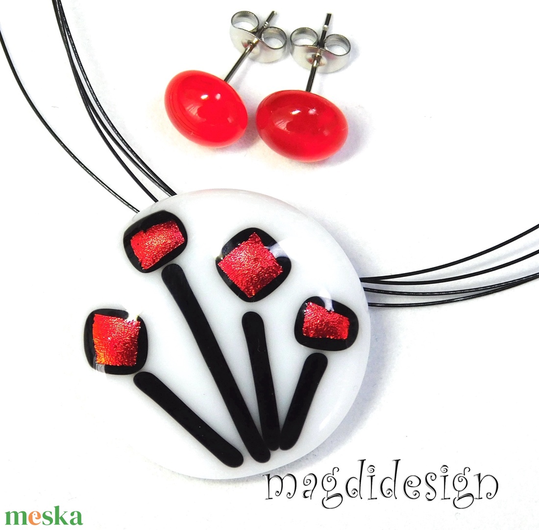 Vöröslő rügyfakadás üvegékszer szett, nyaklánc,  stiftes fülbevaló - ékszer - ékszerszett - Meska.hu