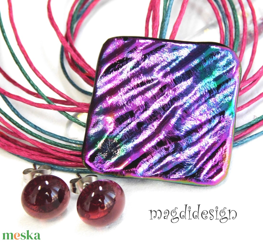 Bíbor-türkiz selyemcukor üvegékszer szett nyaklánc pötty fülbevaló  - ékszer - ékszerszett - Meska.hu