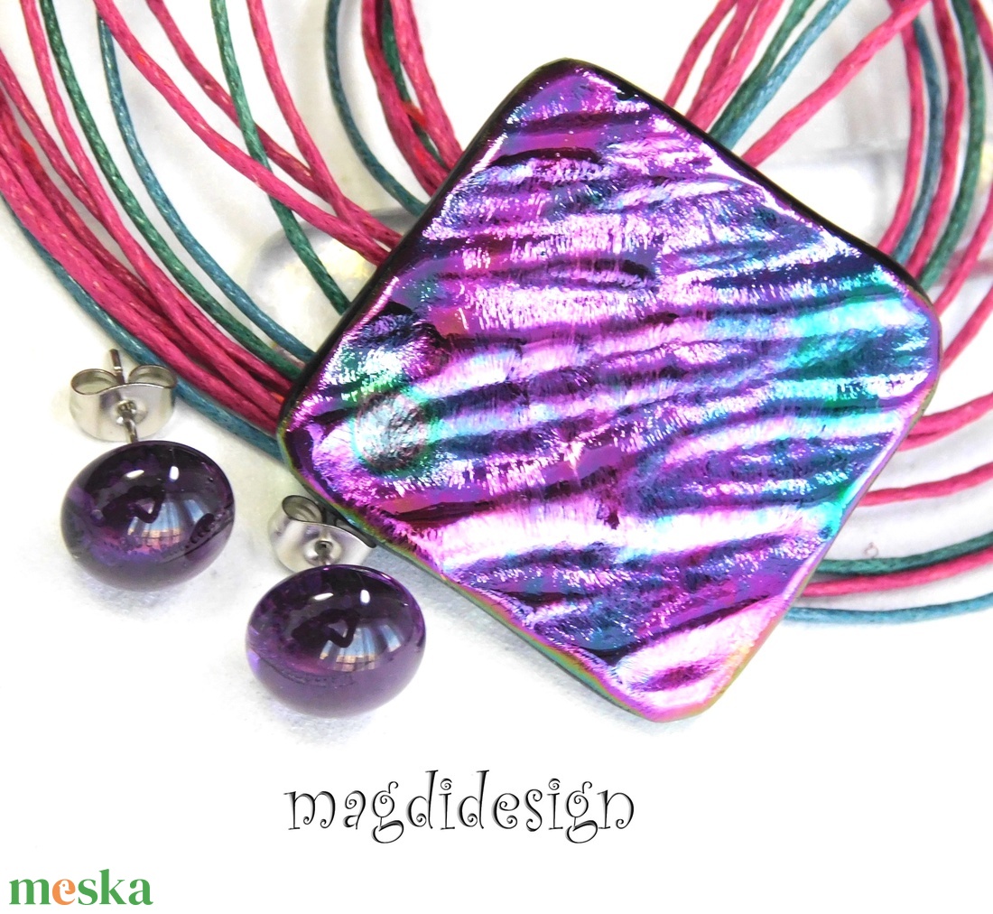 Bíbor-türkiz selyemcukor üvegékszer szett nyaklánc pötty fülbevaló  - ékszer - ékszerszett - Meska.hu