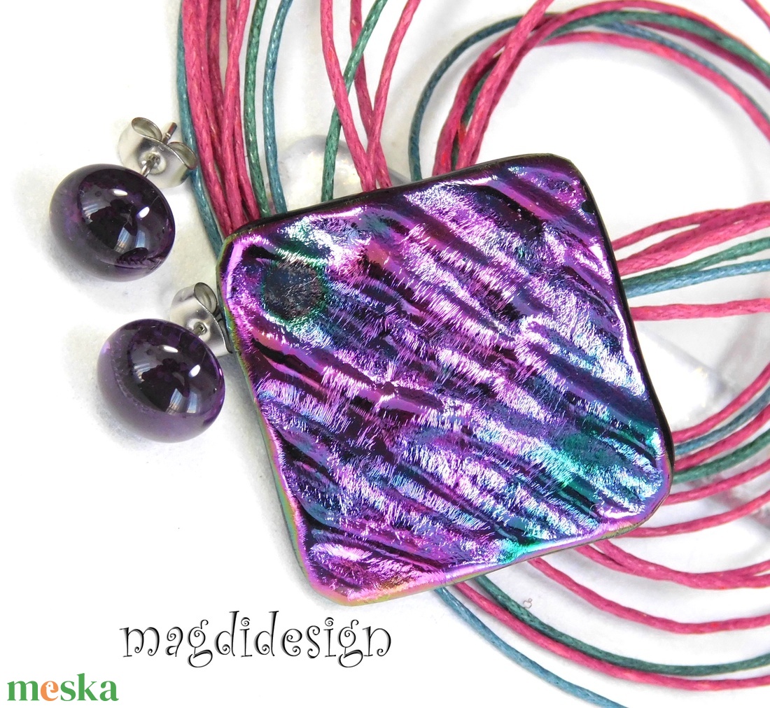 Bíbor-türkiz selyemcukor üvegékszer szett nyaklánc pötty fülbevaló  - ékszer - ékszerszett - Meska.hu