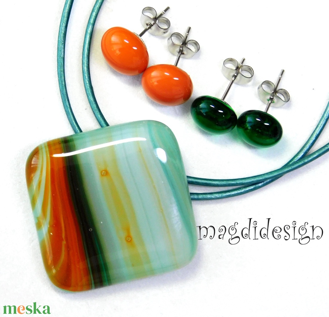 Türkiz barna beige csíkos üvegékszer szett nyaklánc 2 pár stiftes fülbevaló - ékszer - ékszerszett - Meska.hu