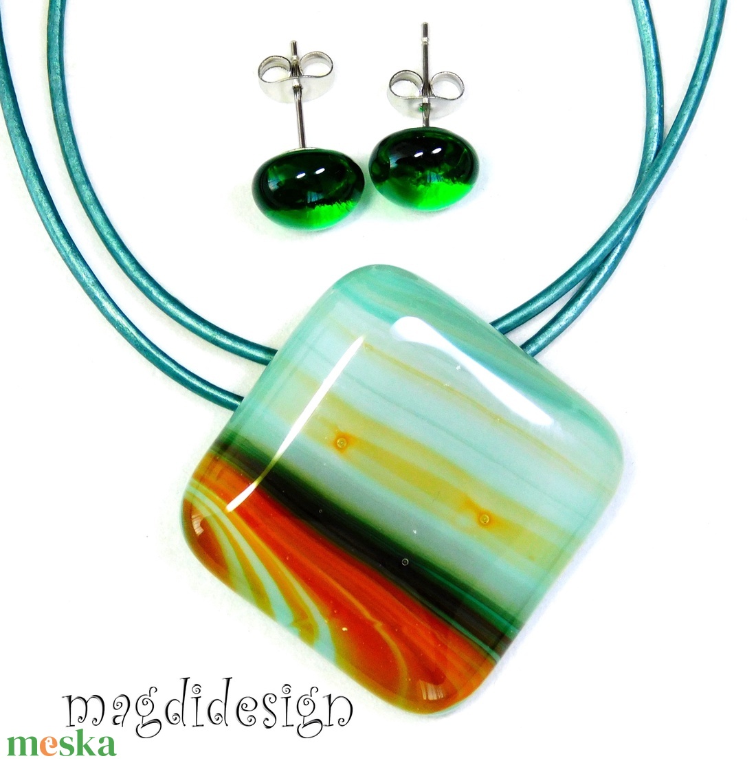 Türkiz barna beige csíkos üvegékszer szett nyaklánc 2 pár stiftes fülbevaló - ékszer - ékszerszett - Meska.hu