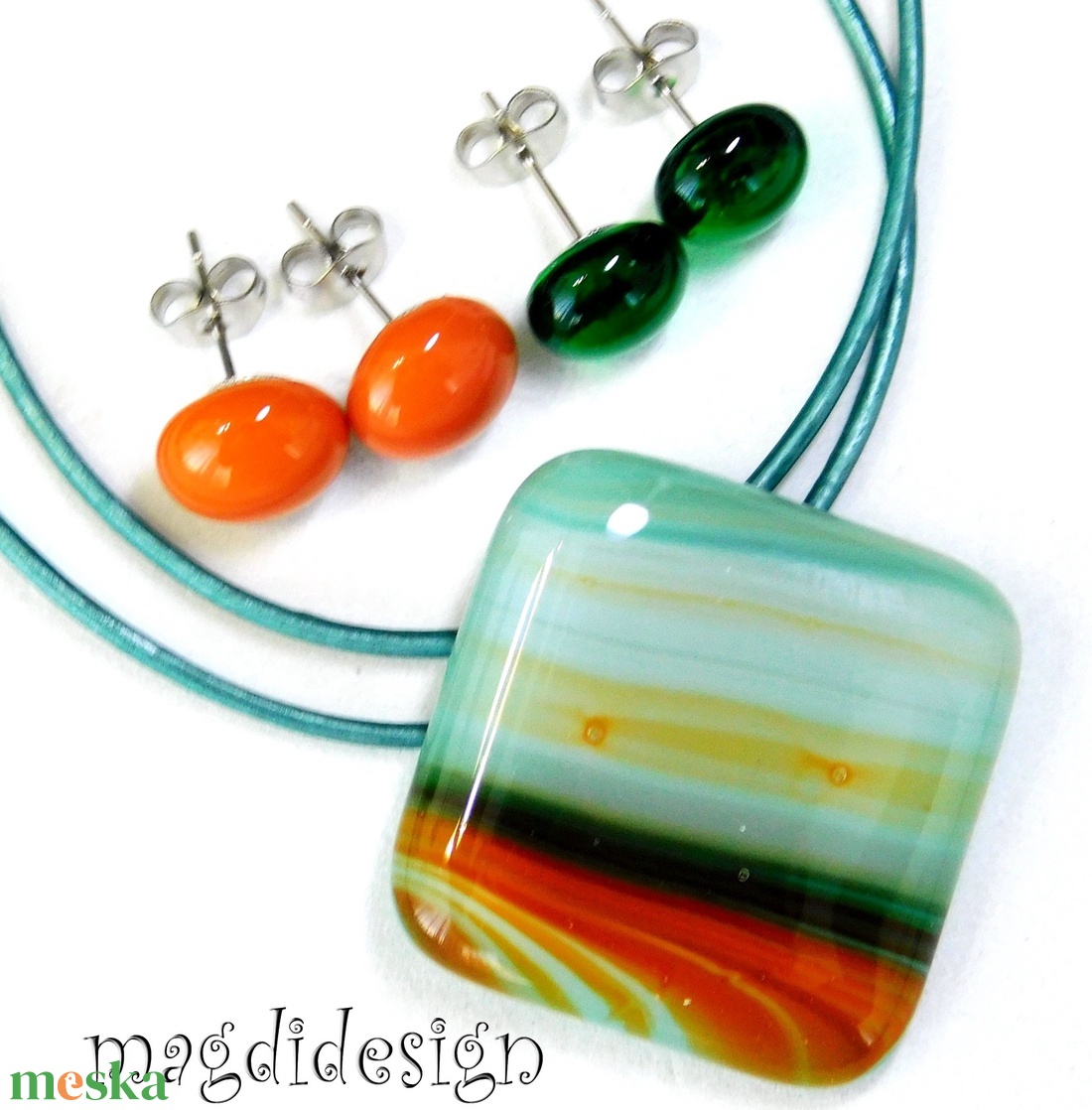 Türkiz barna beige csíkos üvegékszer szett nyaklánc 2 pár stiftes fülbevaló - ékszer - ékszerszett - Meska.hu