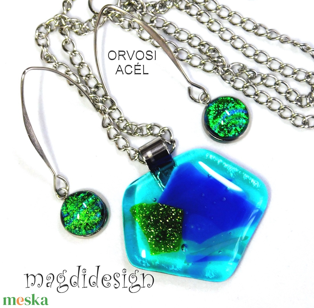 Csillogó kék-zöld üvegékszer szett, nyaklánc, lógós fülbevaló  - ékszer - ékszerszett - Meska.hu