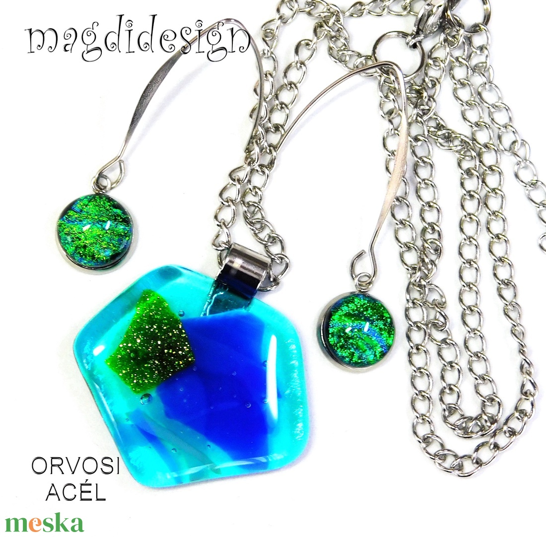 Csillogó kék-zöld üvegékszer szett, nyaklánc, lógós fülbevaló  - ékszer - ékszerszett - Meska.hu