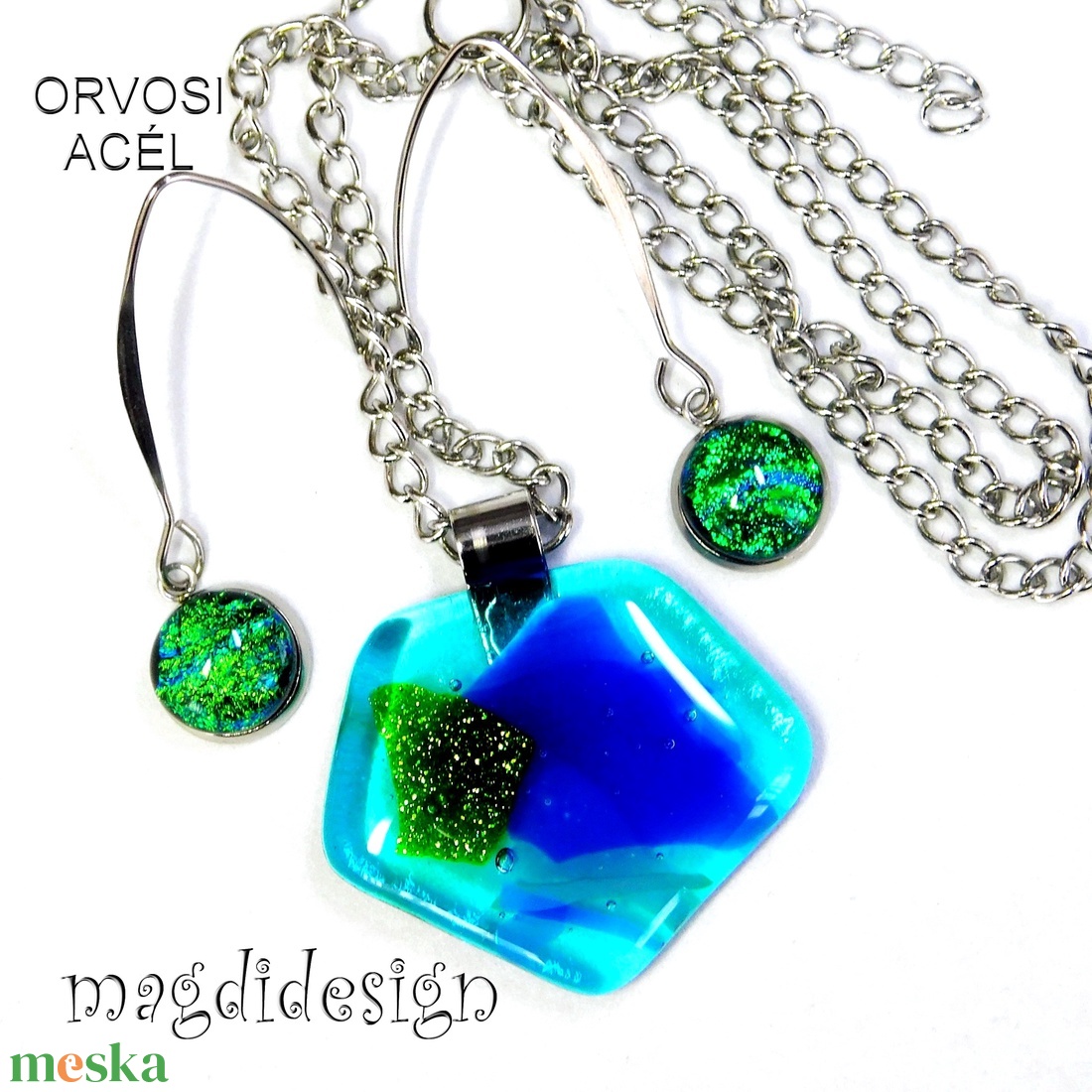 Csillogó kék-zöld üvegékszer szett, nyaklánc, lógós fülbevaló  - ékszer - ékszerszett - Meska.hu