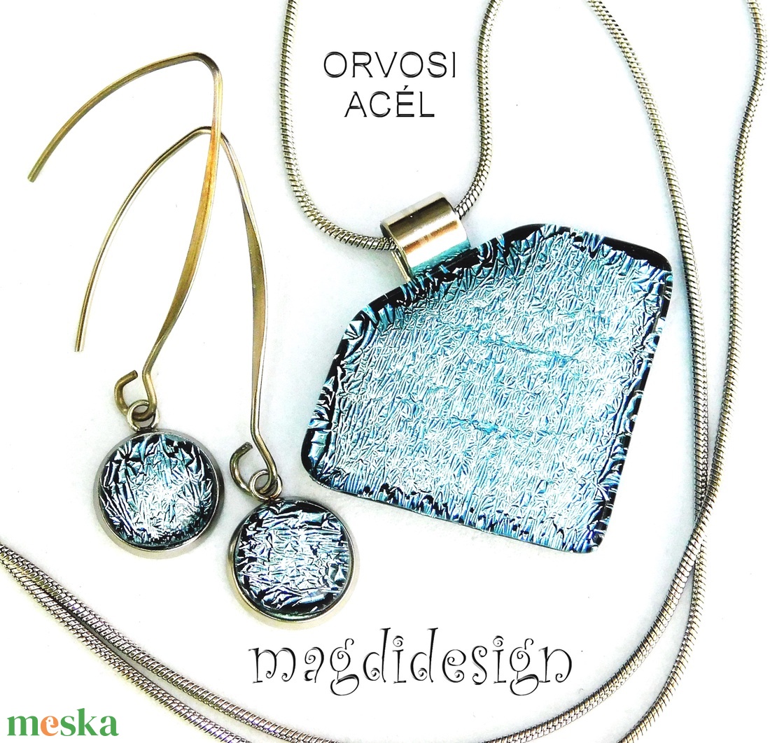 Csillogó ezüst üvegékszer szett, nyaklánc, lógós fülbevaló  - ékszer - ékszerszett - Meska.hu