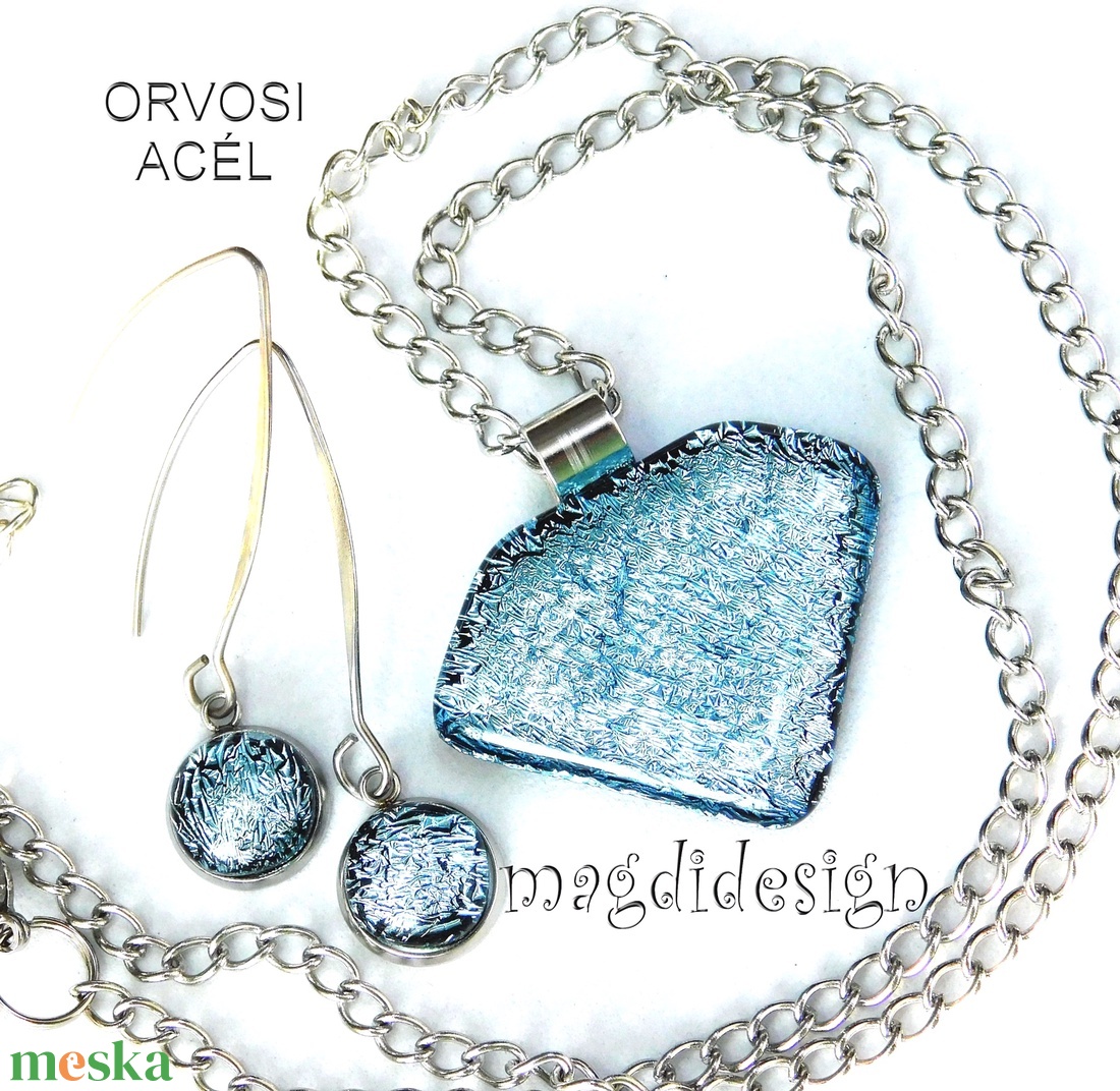 Csillogó ezüst üvegékszer szett, nyaklánc, lógós fülbevaló  - ékszer - ékszerszett - Meska.hu