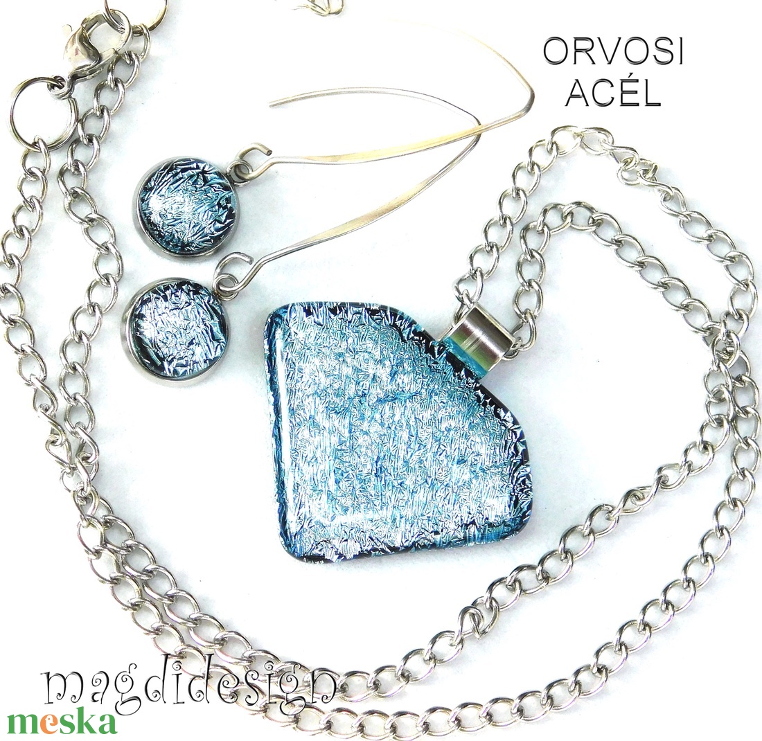 Csillogó ezüst üvegékszer szett, nyaklánc, lógós fülbevaló  - ékszer - ékszerszett - Meska.hu