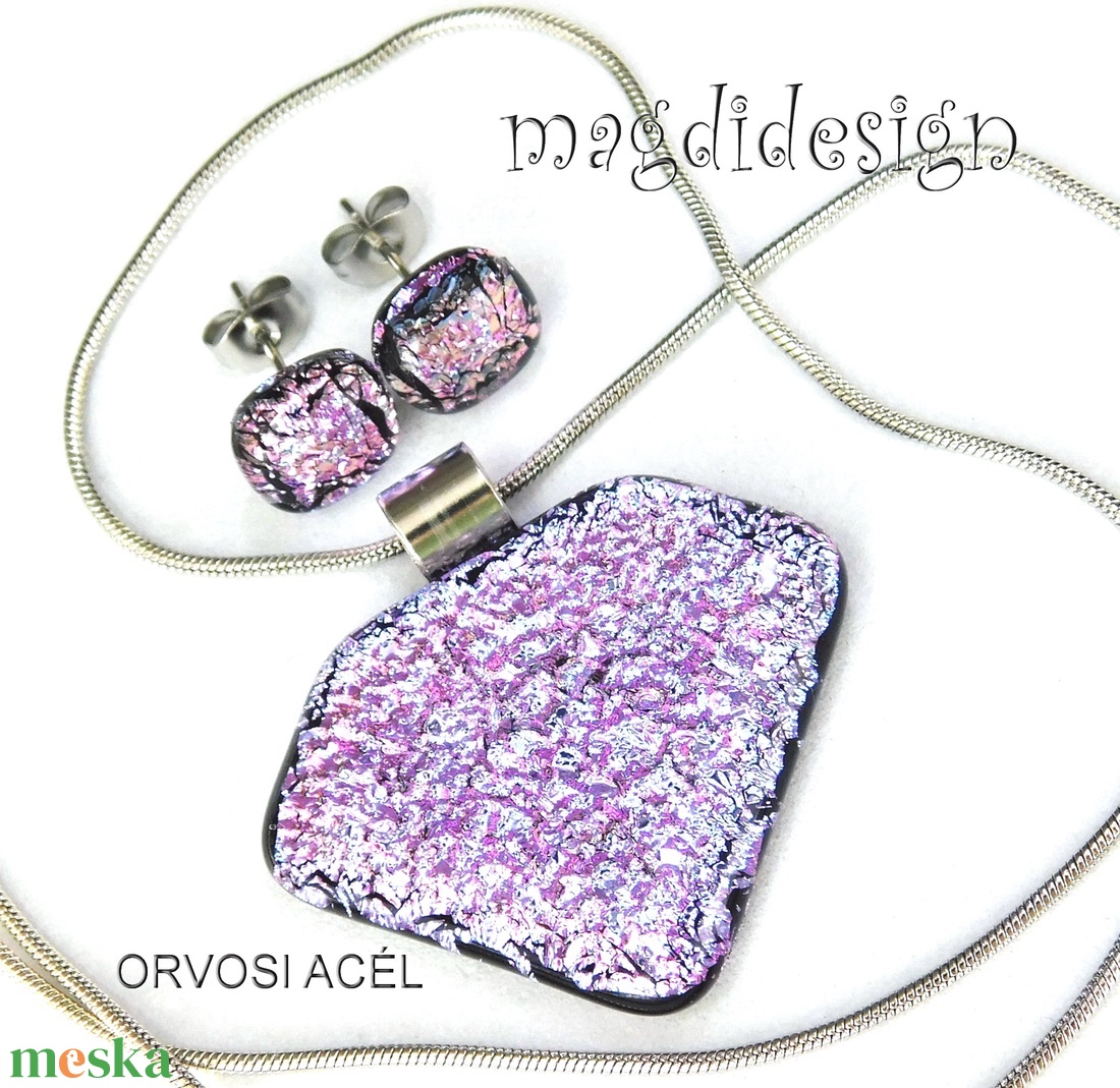 Csillogó élénk rózsaszín üvegékszer szett, nyaklánc, stiftes fülbevaló  - ékszer - ékszerszett - Meska.hu