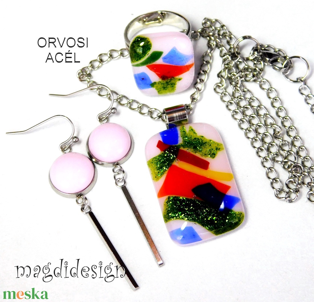 Tavaszirét üvegékszer szett, nyaklánc, gyűrű, lógós fülbevaló - ékszer - ékszerszett - Meska.hu