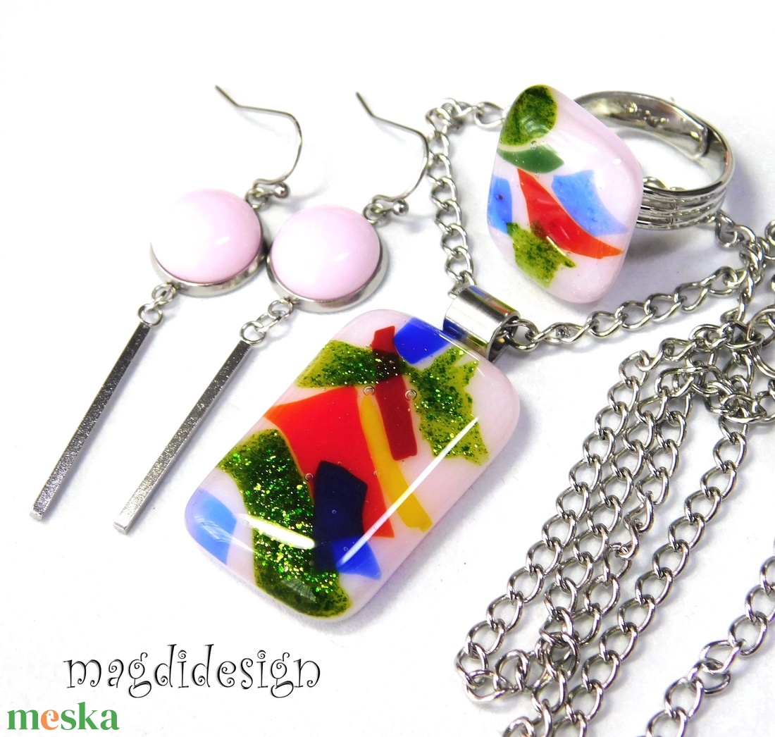 Tavaszirét üvegékszer szett, nyaklánc, gyűrű, lógós fülbevaló - ékszer - ékszerszett - Meska.hu