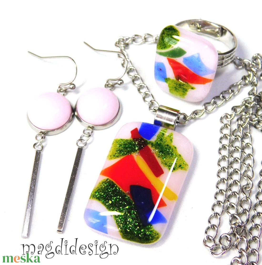 Tavaszirét üvegékszer szett, nyaklánc, gyűrű, lógós fülbevaló - ékszer - ékszerszett - Meska.hu