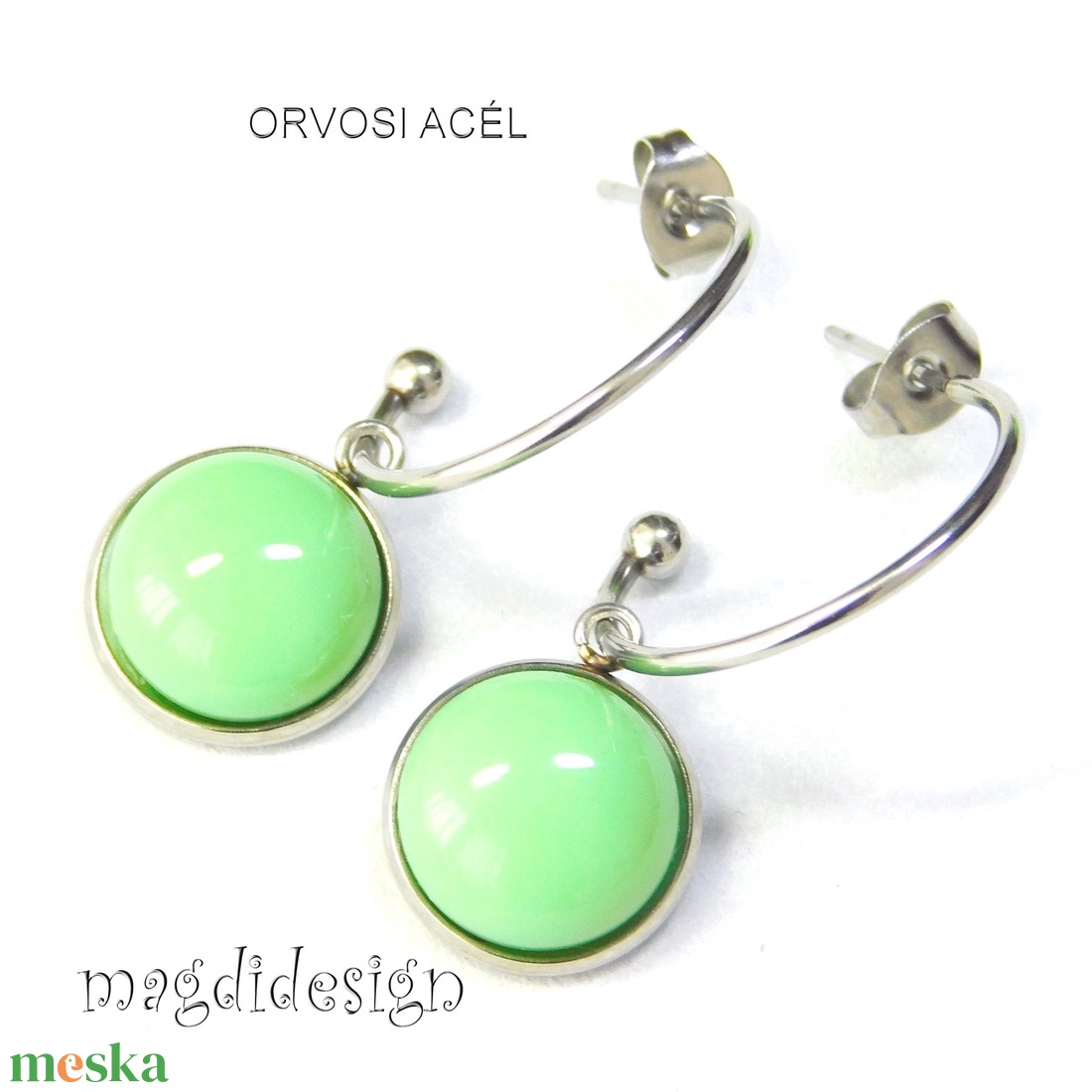 Almazöld üvegékszer stiftes lógós nemesacél fülbevaló - ékszer - fülbevaló - lógó fülbevaló - Meska.hu