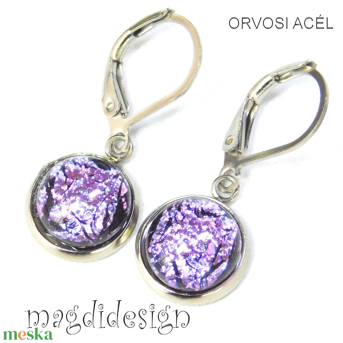 Szikrázó lilás-rózsaszín dichroic üvegékszer lógós fülbevaló - ékszer - fülbevaló - lógó fülbevaló - Meska.hu