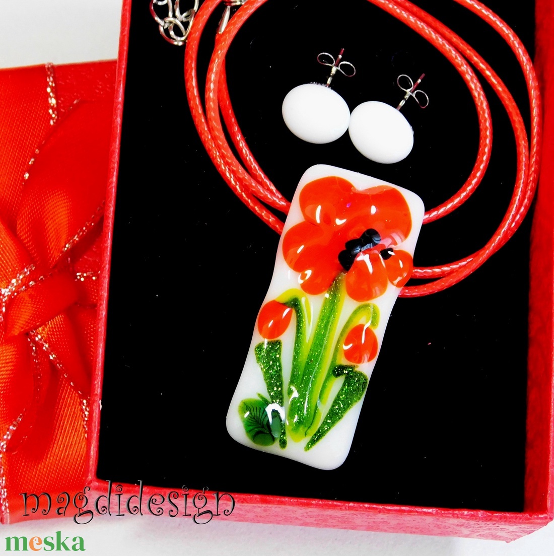 Tüzes pipacs üvegékszer szett nyaklánc, stiftes fülbevló 1 - ékszer - ékszerszett - Meska.hu