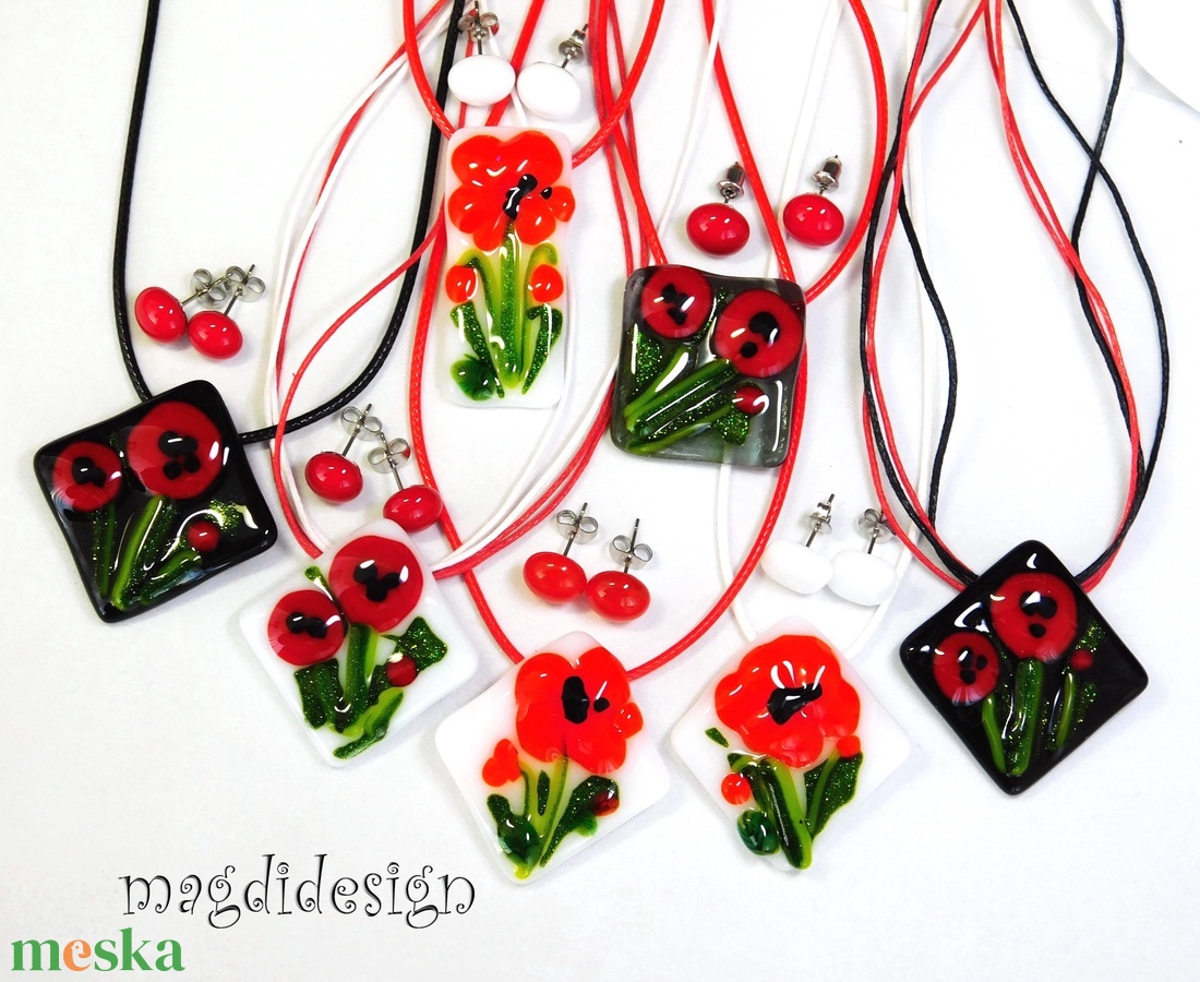 Tüzes pipacs üvegékszer szett nyaklánc, stiftes fülbevló 1 - ékszer - ékszerszett - Meska.hu