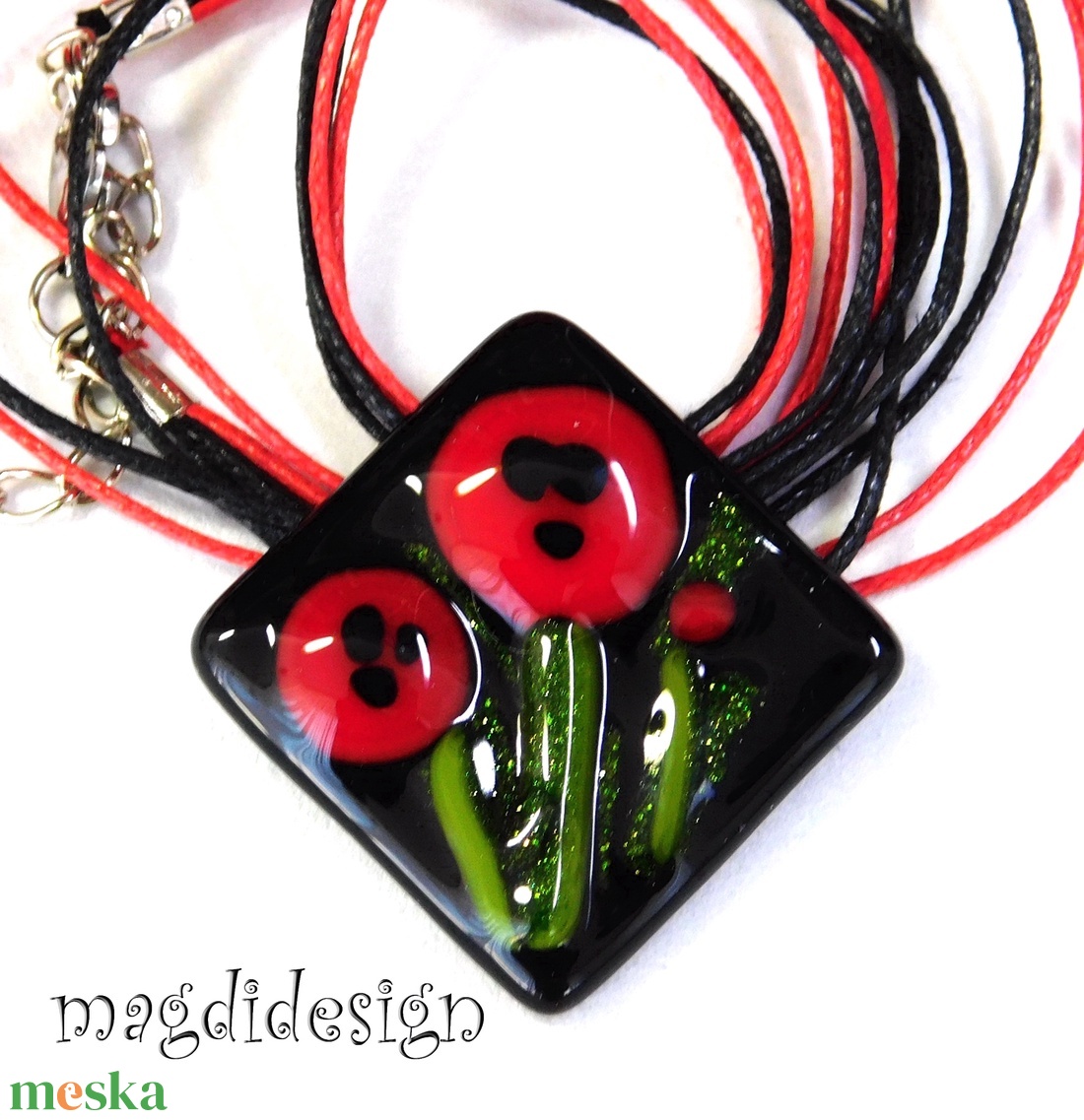 Pipacsok feketén üvegékszer nyaklánc    Ányák napjára, Óvónőknek - ékszer - nyaklánc - medál - Meska.hu