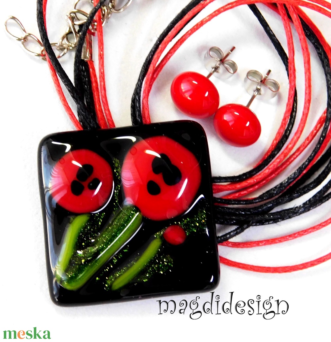 Pipacsok feketén üvegékszer nyaklánc    Ányák napjára, Óvónőknek - ékszer - nyaklánc - medál - Meska.hu