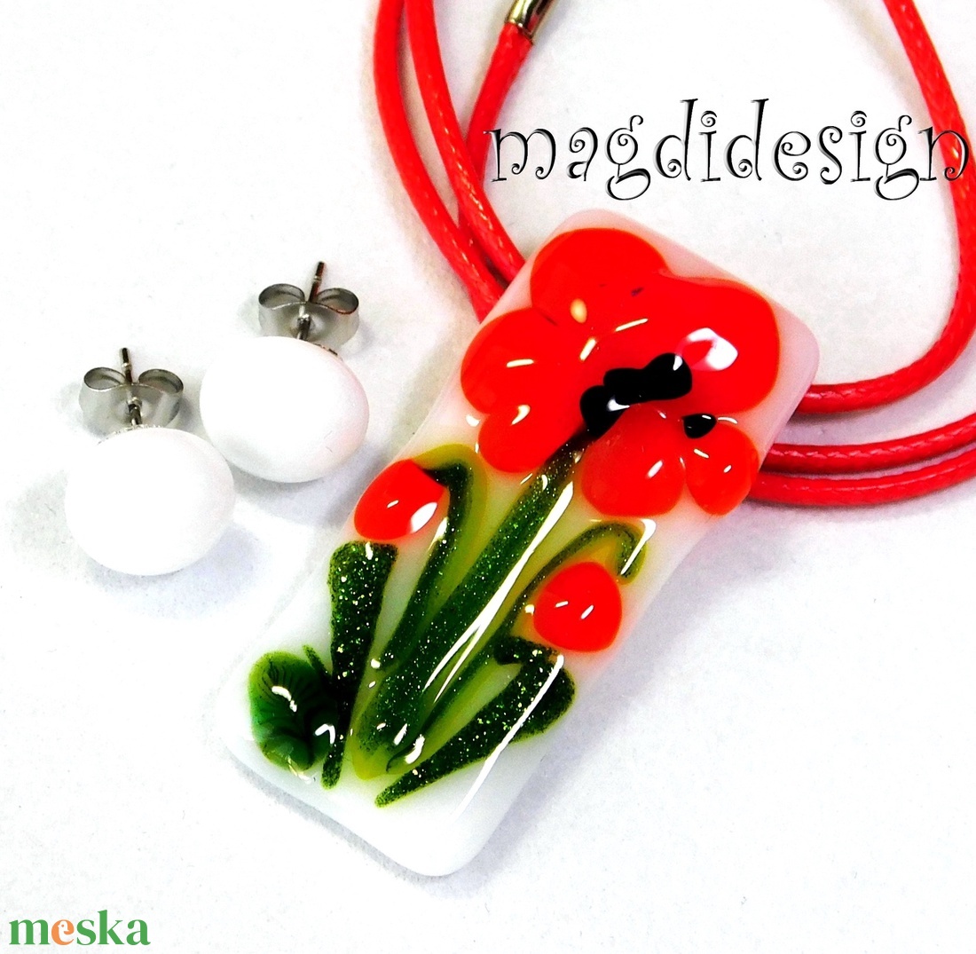 Tüzes pipacs üvegékszer szett nyaklánc, stiftes fülbevló 1 - ékszer - ékszerszett - Meska.hu