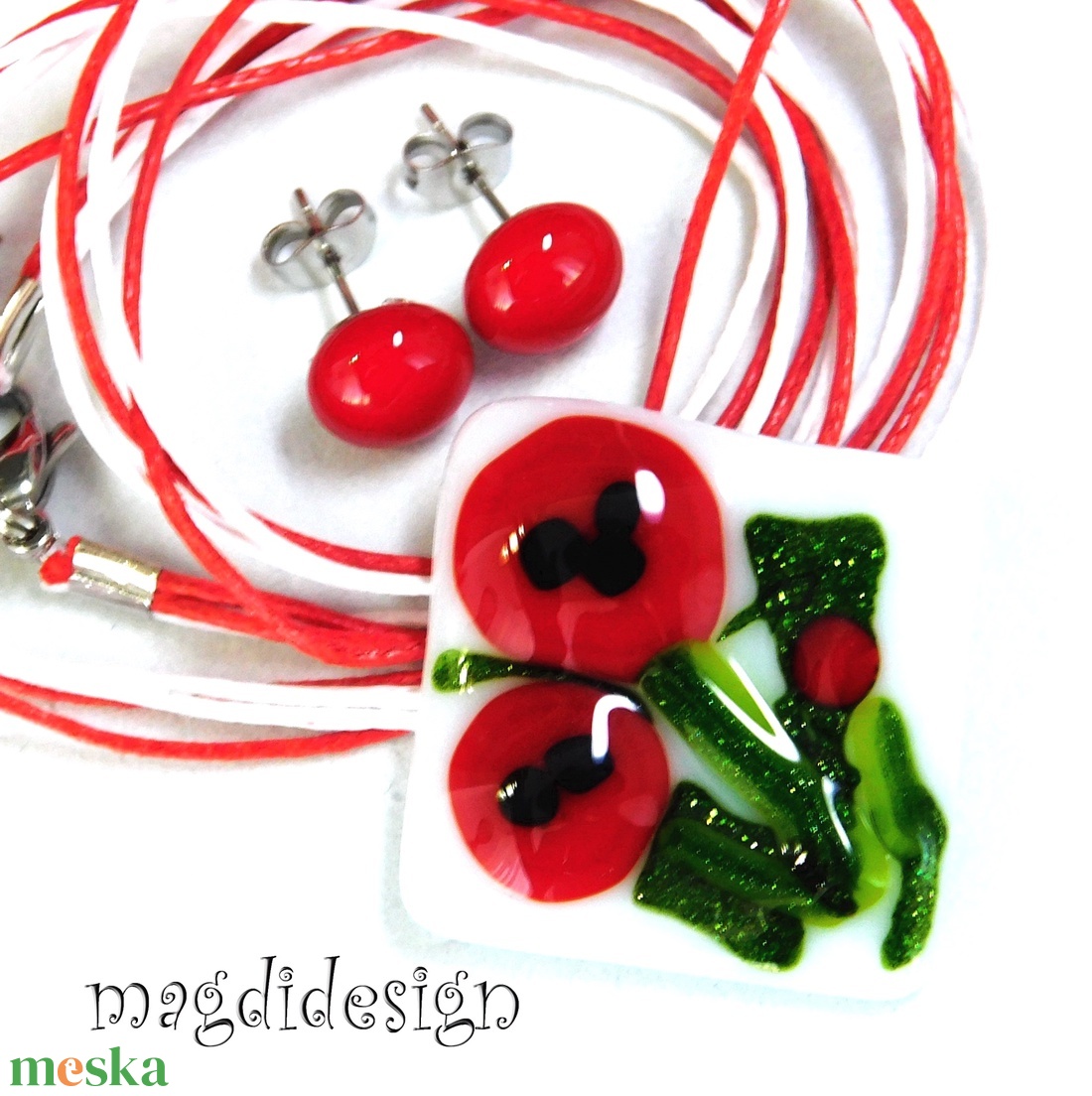 Pipacsok üvegékszer szett nyaklánc, stiftes fülbevló 3 - ékszer - ékszerszett - Meska.hu