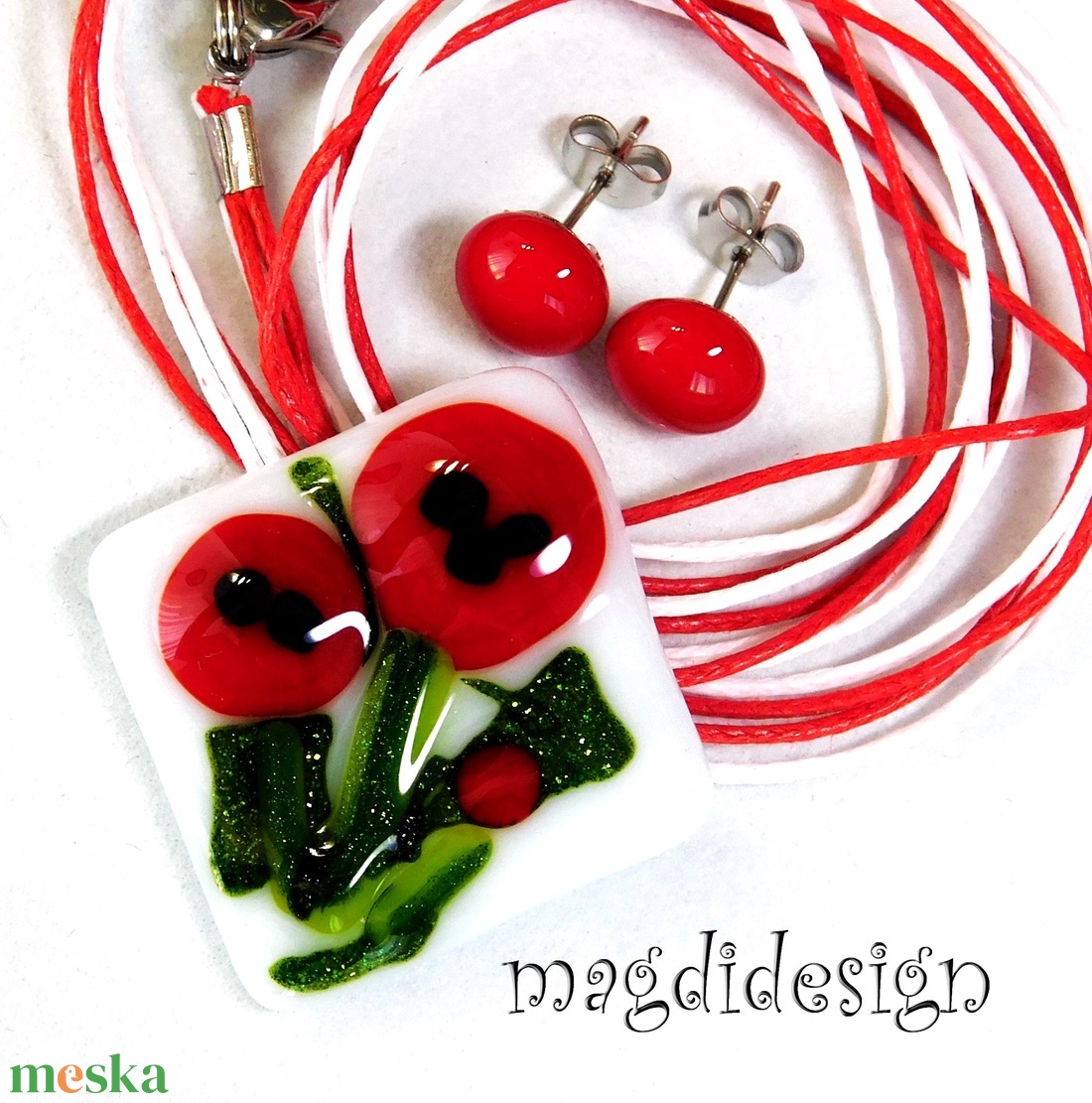 Pipacsok üvegékszer szett nyaklánc, stiftes fülbevló 3 - ékszer - ékszerszett - Meska.hu