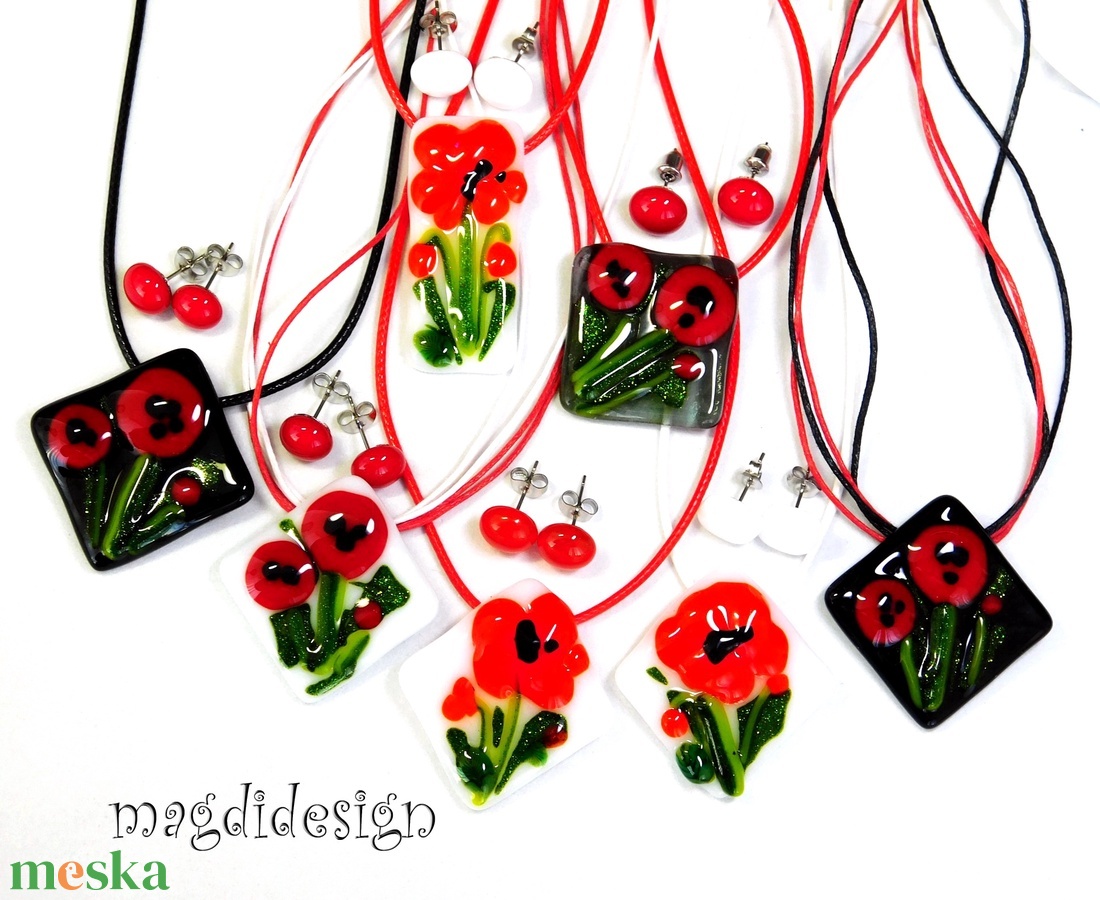 Pipacsok üvegékszer szett nyaklánc, gyűrű, stiftes fülbevló  - ékszer - ékszerszett - Meska.hu