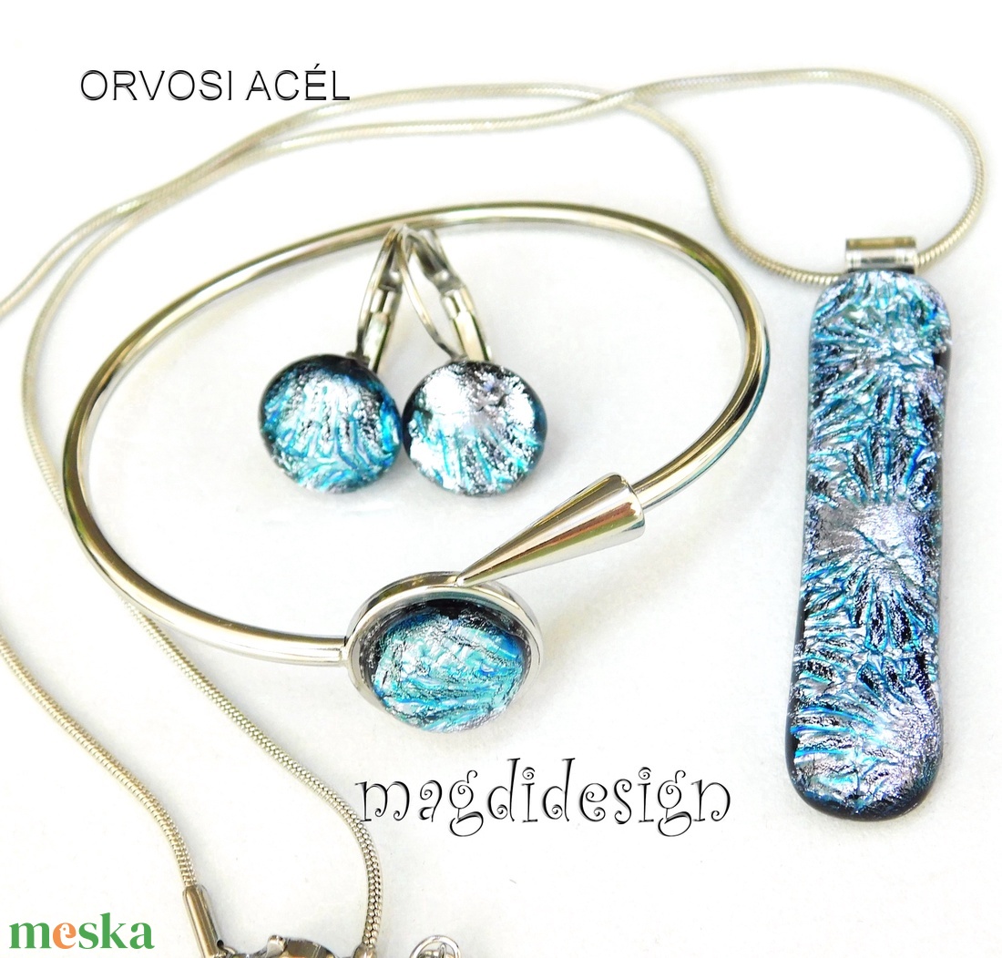 Ezüst aqua üvegékszer szett nyaklánc nyílhegy karkötő kapcsos fülbevaló - ékszer - ékszerszett - Meska.hu
