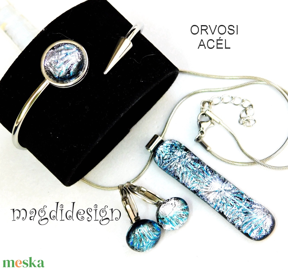 Ezüst aqua üvegékszer szett nyaklánc nyílhegy karkötő kapcsos fülbevaló - ékszer - ékszerszett - Meska.hu