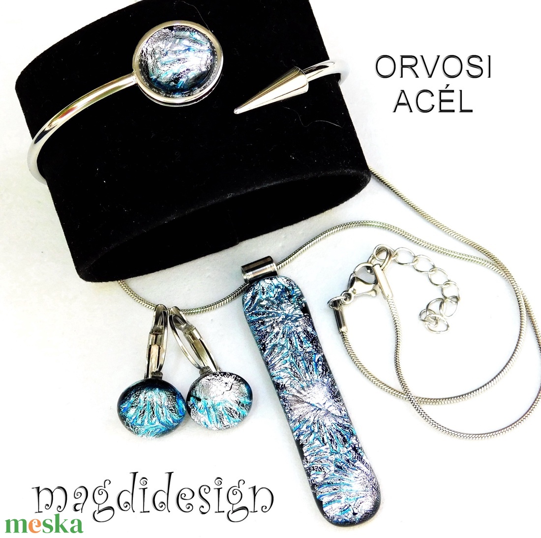 Türkiz-rózsaszín üvegékszer szett nyaklánc nyílhegy karkötő kapcsos fülbevaló - ékszer - ékszerszett - Meska.hu